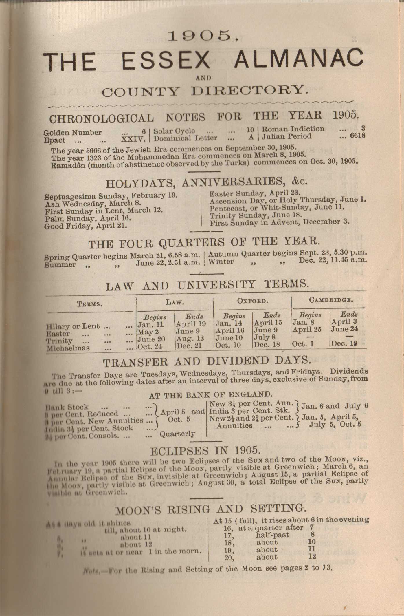 Image for Essex Almanac and County Directory 1905