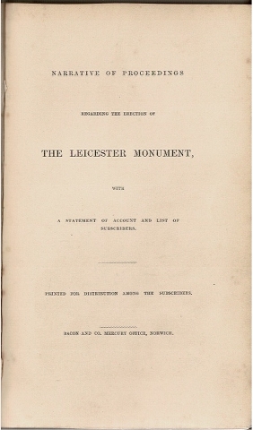 Image for Narrative of Proceedings Regarding the Erection of the Leicester Monument, with a Statement of Account and List of Subscribers.
