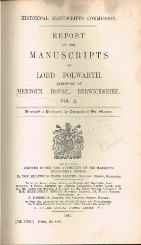 Image for Report on the Manuscripts of Lord Polwarth, preserved at Mertoun House, Berwickshire. Vol. II.