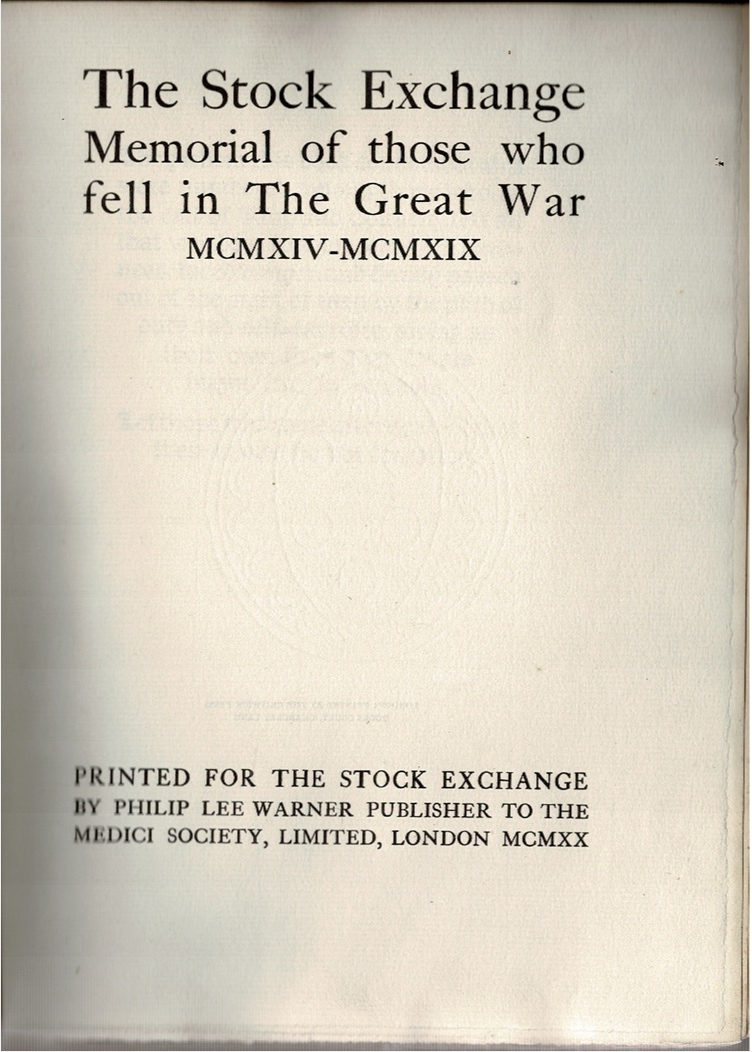 Image for The Stock Exchange Memorial of those who fell in The Great War MCMXIV-MCMXIX